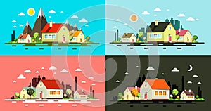 Flat Design Buildings. Night and Day Abstract Towns Set.