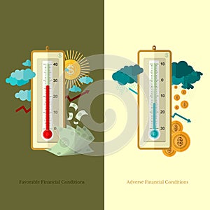 Flat design business illustration favorable and adverse financial conditions for example weather