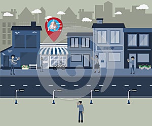 Flat design of business success,The small shop owner using AI and GPS technology in his business - vector