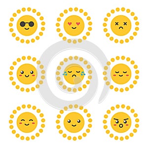 Flat design cartoon cute sun character with different facial expressions, emotions