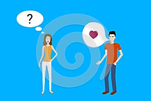 Flat design cartoon vector of a boy attracted to a confused girl and speaking with heart sign.