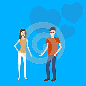 Flat design cartoon vector of a boy with heart signs attracted to a girl.