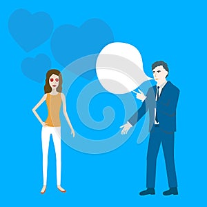 Flat design cartoon vector of a girl with heart signs attracted to a speaking businessman.
