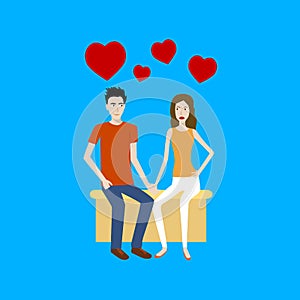 Flat design cartoon vector of two young lovers sitting on a bench with red heart signs on top.