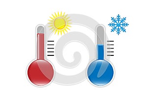 Flat design of celsius and fahrenheit meteorology thermometers. Measuring hot and cold temperature. Snowflake, sun icons.