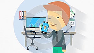 Flat design character illustration on full length suit clothed business man with smart phone