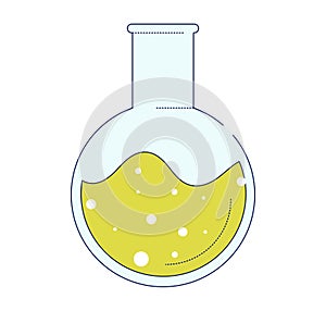 Flat design of chemistry flask with yellow liquid. Simple round bottom flask icon for science and education. Chemical