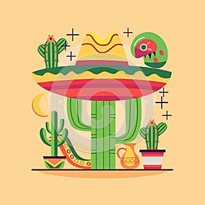 Flat Design of Cinco De Mayo Celebration in Mexico with Cowboy Hat Cactus