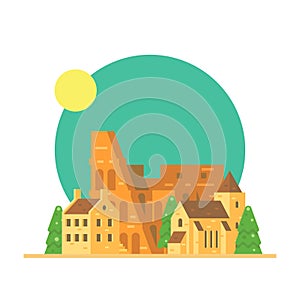 Flat design of Colloseum Italy with village