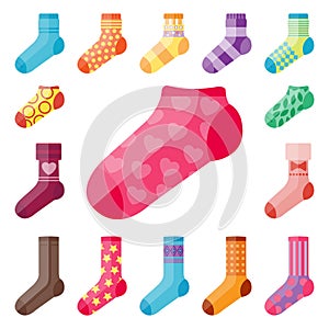 Flat design colorful socks set vector illustration selection of various cotton foot warm cloth photo