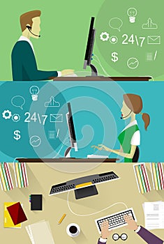 Flat design colorful vector illustration concept for call center, client support service isolated on bright background