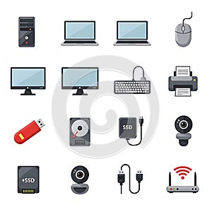 Flat Design Computer Hardware and Peripherals Icon Set