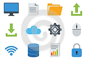 Flat design computer icons set featuring digital data, network and technology symbols for web and application interfaces