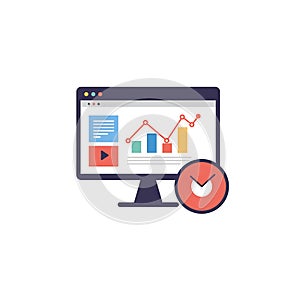 Flat Design Computer Monitor with Data Visualization and Timer Icon