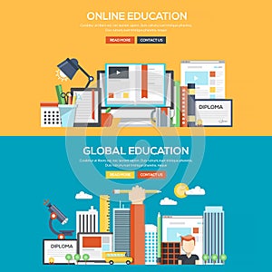 Flat design concept banner - Online and Global Education