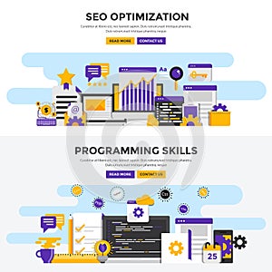 Flat design concept banners - Seo Optimization and Programming Skills