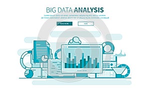 Flat design concept of business big data analysis. Flat outline vector