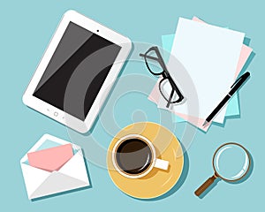 Flat design concept of business workplace. Top view of table with digital tablet, papers, office objects with shadows.