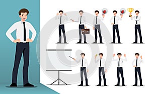 Flat design concept of Businessman with different poses, working and presenting process gestures, actions and poses. Vector cartoo