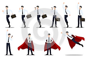 Flat design concept of Businessman with different poses, working and presenting process gestures, actions and poses.