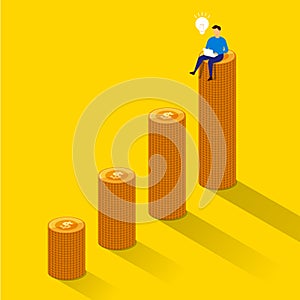 Flat design concept businessman success sit on money growth. Vector illustrate.