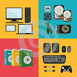 Flat design concept of computer store, sale of computers, laptops, component and software