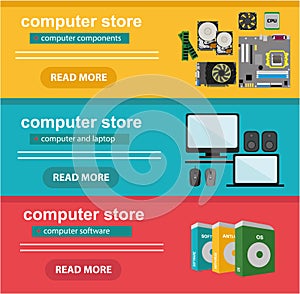 Flat design concept of computer store, sale of computers, sale of component and sale of software