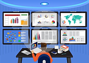 Flat design concept data analysis. Visualize with graph and char