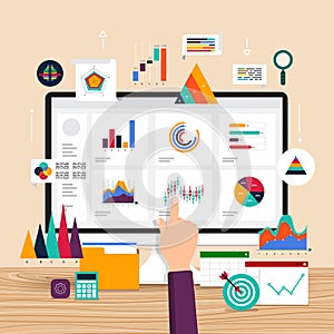 Flat design concept data analysis. Visualize with graph and char