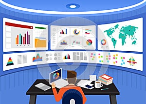 Flat design concept data analysis. Visualize with graph and char