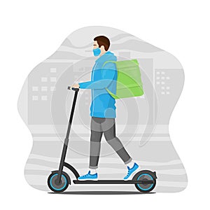 Flat design concept, a delivery man wearing face masks. Courier delivering on an electric scooter.