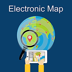 Flat design concept for electronic map, navigation. searching a place.