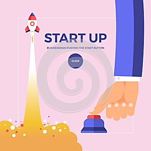 Flat design concept finger push button for startup rocket. Vector illustrate.