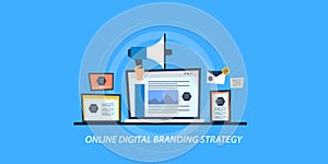 Flat design concept of online digital branding strategy, brand awareness, reputation creation.