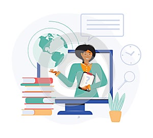 Flat design concept of online education, training and courses, learning, video tutorials. Teacher conducts an online