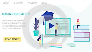 Flat design concept of online education, training and courses, learning, video tutorials. webinars. Landing page template. Vector