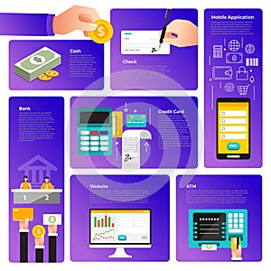 Flat design concept payment. Payment method and option or channel to transfer money. Vector illustrate.