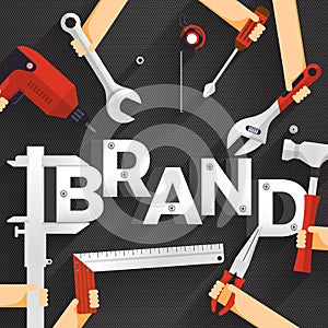 Flat design concept people working for building text BRAND. Vector illustration.