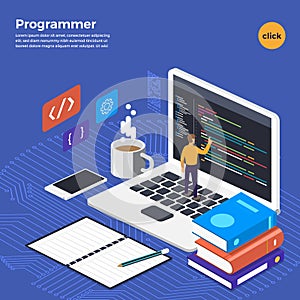 Flat design concept programmer coding program. Vector illustrate