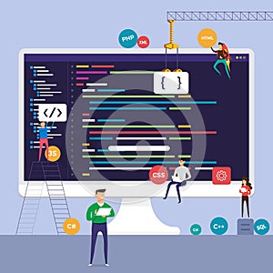 Flat design concept programmer coding program. Vector illustrate