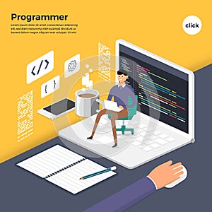 Flat design concept programmer coding program. Vector illustrate