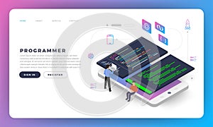 Flat design concept programmer coding program. Vector illustrate