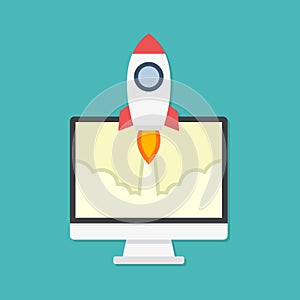 Flat design concept for rocket and computer launches