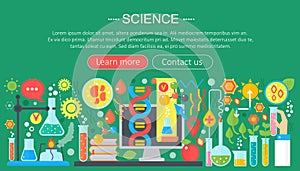 Flat design concept of science. Horizontal banner with scientist laboratory workplace. Scientific research experiment