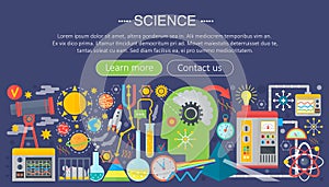 Flat design concept of science. Horizontal banner with scientist workplaces. Scientific research experiment infographics