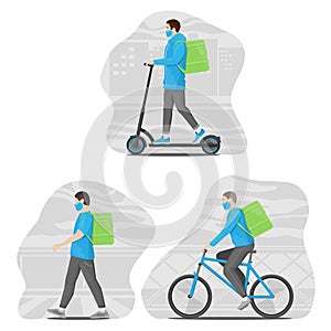 Flat design concept, Set of delivery man wearing face masks in various characters. Courier on the bike, electric scooter and walke