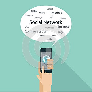 Flat design concept for social network. Hand holding smart phone and speech bubble for your sample text