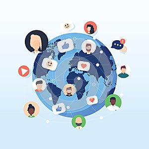 Flat design concept social network. Peoples connecting around the world with line and avatar icon. Vector