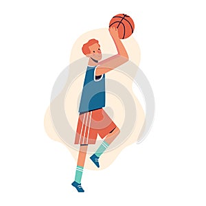 Flat design concept with sportsman playing basketball. A man throws a basketball. Vector illustration isolated on white