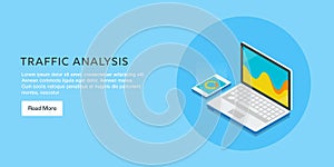 Flat design concept of web traffic analytic, website visitor, seo data, digital marketing report, web banner template.